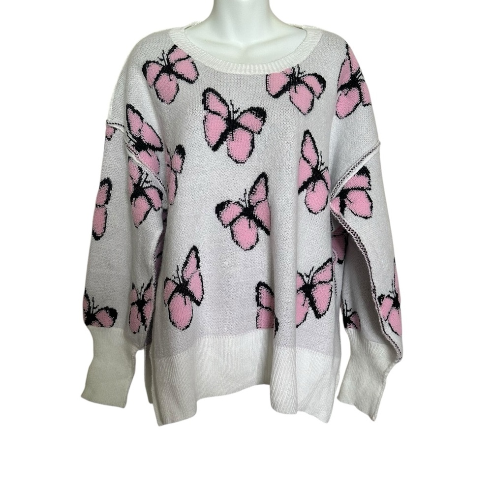 Davi & Dani 3D Knit Embroidered Butterfly Print Long Sleeve Boho Sweater W’s 1XL